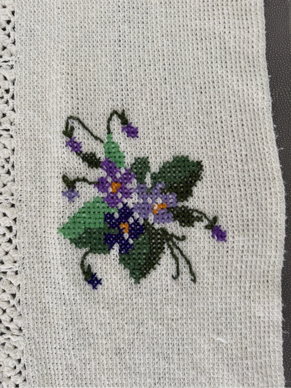 Embroidered Floral Crochet throw blanket- Purple & Green Violets